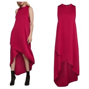 BCBG magenta dress high neck tulip hem high low asymmetrical sleeveless midi xs